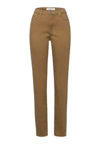 Pantalones de mezclilla marrones con un ajuste slim, que presentan un diseño de cinco bolsillos, cierre de botón de metal y trabillas para el cinturón. Textura suave y de color sólido.
