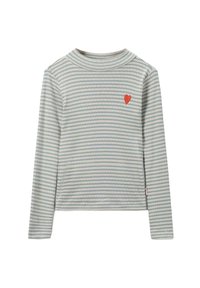 Gestreiftes langärmliges Baumwoll-T-Shirt in Hellblau und Weiß mit einem kleinen roten Herz, das auf der Brust eingestickt ist, mit gerippter Textur.