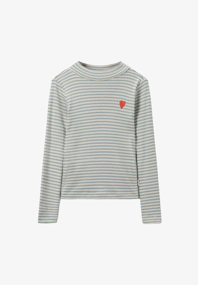 Gestreiftes langärmliges Baumwoll-T-Shirt in Hellblau und Weiß mit einem kleinen roten Herz, das auf der Brust eingestickt ist, mit gerippter Textur.