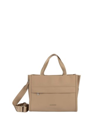 Beige rektangulær håndtaske med to håndtag, justerbar skulderrem, forlomme med klap og diskret "Bogner"-logo.