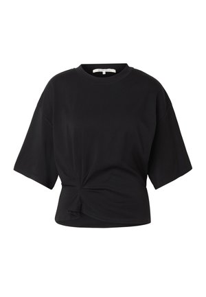 T-shirt nera a maniche corte con scollatura tonda e dettaglio nodo arricciato al centro dell'orlo frontale.