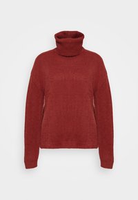 Červený rolák vyrobený z měkké, texturované tkaniny. Má dlouhé rukávy a volný střih. Vysoký límec přidává teplo a styl.