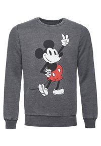 Felpa grigia con grafica di un personaggio dei cartoni animati con orecchie nere, pantaloni rossi e un gesto di pace. Polsini e orlo a costine.