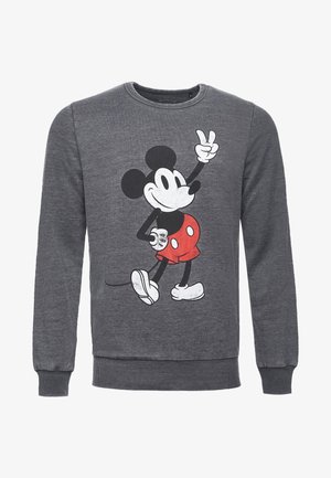 Grijze sweatshirt met een grafisch ontwerp van een cartoonfiguur met zwarte oren, rode shorts en een vredesteken. Ribboord manchetten en zoom.