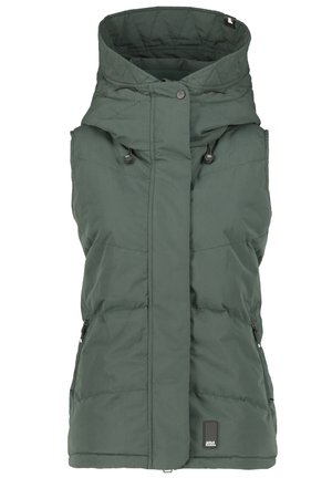 Groene geïsoleerde vest met hoge kraag, geweven textuur, twee ritszakken aan de zijkant, verstelbare trekkoorden en een logo aan de onderkant van de voorkant.