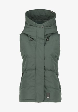 Groene geïsoleerde vest met hoge kraag, geweven textuur, twee ritszakken aan de zijkant, verstelbare trekkoorden en een logo aan de onderkant van de voorkant.