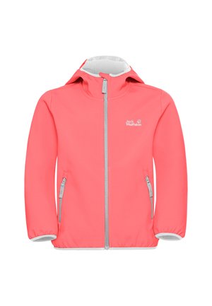 Giacca softshell corallo con cappuccio, zip frontale, due tasche laterali e dettagli grigi. Presenta polsini elasticizzati e un design leggero.
