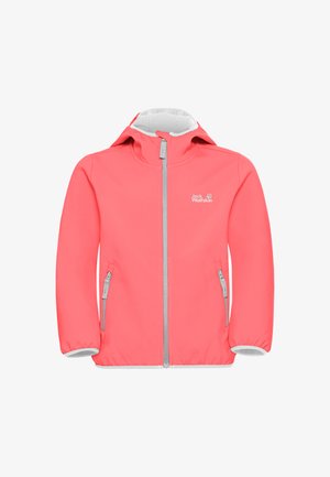 Rosa Reißverschlussjacken mit grauen Akzenten, aus glattem Stoff gefertigt. Zwei Kinder präsentieren die Jacken, die eine Kapuze und seitliche Taschen besitzen.