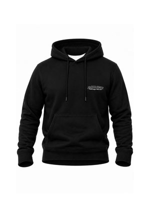 Black pullover hoodie with front pocket, drawstring hood, and small white "JACK & JONES" logo on left chest.