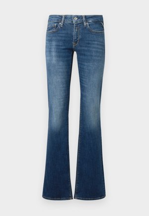 Weite Jeans aus dunklem Denim mit Knopfverschluss, Fronttaschen und einem ausgewaschenen Effekt an den Knien für einen sanften Farbverlauf.