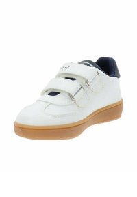 Scarpa da ginnastica bianca con tomaia in pelle liscia, tre chiusure in velcro e suola in gomma con fondo color gomma; design della punta arrotondata.