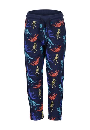 Marineblaue Jogginghose mit Dinoskeletmuster in Orange, Gelb, Blau und Grün. Mit elastischem Bund und verstellbarem Kordelzug.