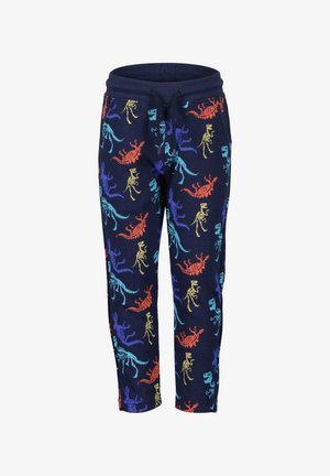 Pantaloni sportivi navy con motivo di scheletro di dinosauro in arancione, giallo, blu e verde. Presentano una vita elastica e un laccio regolabile.