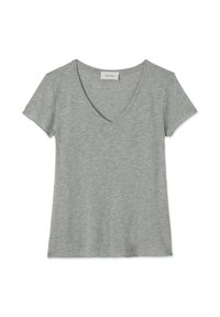 Pilkas trumpąsleeve V formos kaklo marškinėliai, pagaminti iš minkštos, lengvos medžiagos, pasižyminčios lygiu paviršiumi ir laisvu siluetu.