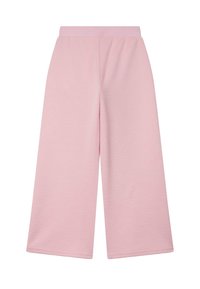 Pantalon à jambes larges en tissu rose doux avec un motif texturé. Taille élastique sans poches, conçu pour le confort et un port décontracté.