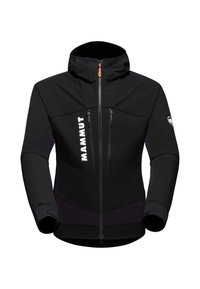Black jacket with a hood, featuring a front zipper, two zippered pockets, and white logo. Made of textured, stretchy material with contrasting accents.