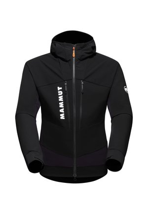 Black jacket with a hood, featuring a front zipper, two zippered pockets, and white logo. Made of textured, stretchy material with contrasting accents.