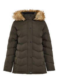 Veste d'hiver matelassée vert foncé avec boutons sur le devant et capuche doublée de fausse fourrure, dotée de poches latérales et d'un écusson logo sur la manche.