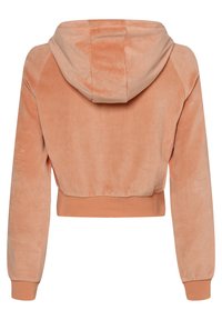 Zkrácená mikina s kapucí z jemného broskvového materiálu se hladkým povrchem a žebrovanými manžetami. Obsahuje jednoduchý design na zadní straně bez dalších detailů.