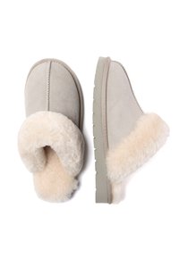 Gray suede slipper with a thick, cream-colored fur lining and cuff. Lightweight rubber sole with texturing for grip. Simple and cozy design.
