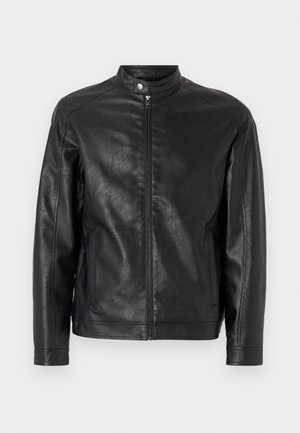 Czarna skórzana kurtka z kołnierzem stójkowym, zapięciem na zamek z przodu i kieszeniami bocznymi. Gładka tekstura z minimalnymi detalami wzorniczymi.