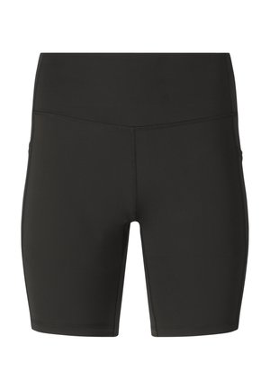 Sorte atletikshorts med høj talje, tætsiddende, flade syninger og længde til midt på låret, designet til aktivt brug.
