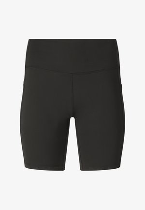 Schwarze, hoch taillierte, eng anliegende Sportshorts mit flachen Nähten und mittlerer Oberschenkellänge, für aktives Tragen konzipiert.