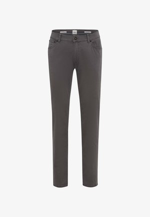 Pantalon gris en tissu mélangé coton, avec un design classique à cinq poches, coupe slim et taille à boutons.