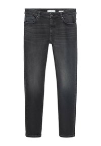 Jeans ajustados en denim gris oscuro, con una cintura de altura media, cinco bolsillos y un sutil desvanecimiento en los muslos. Cierre clásico con botón.