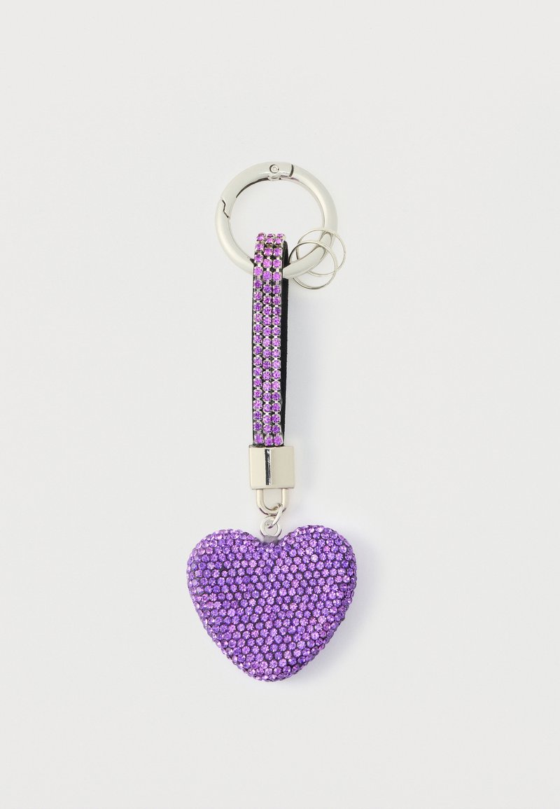 Purple heart-shaped keychain adorned with shiny rhinestones, attached to a black strap with a silver ring and clasp.