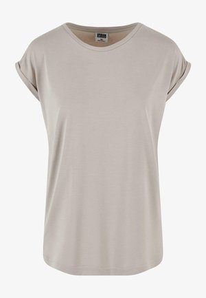 Hellgraues kurzärmliges T-Shirt aus weichem, glattem Stoff. Es hat einen runden Ausschnitt und hochgekrempelte Ärmel für eine entspannte Passform.