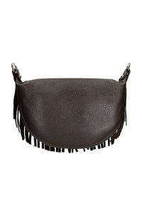 Borsa a mano in pelle marrone scuro con una forma curva, superficie testurizzata e lungo frange lungo la parte inferiore. Dettagli in metallo dorato.