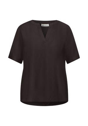 Zwarte blouse met korte mouwen, een V-hals en licht afgeronde zoom, gemaakt van gladde stof, met het label Street One.