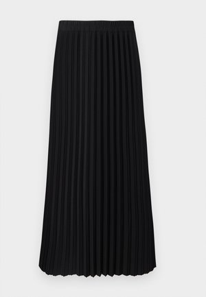 Black pleated skirt with an elastic waistband, flowing mid-length design, showcasing a textured surface and evenly spaced vertical folds.