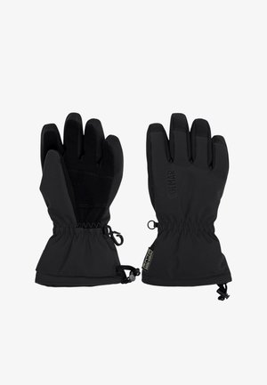 Coppia di guanti invernali neri isolati con cinturini regolabili al polso e palmi testurizzati per la presa, disposti in piano con i palmi rivolti verso l'alto e verso il basso.