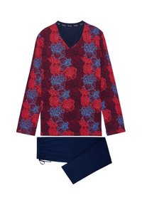 Langärmliges Oberteil mit einem roten und blauen Blumenmuster auf dunklem Hintergrund, kombiniert mit marineblauen Hosen mit verstellbarem Bund.