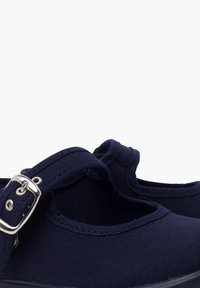 Zapatos Mary Jane de lona azul marino con puntera redonda, que cuentan con una correa y detalle de hebilla metálica, textura suave y diseño minimalista.