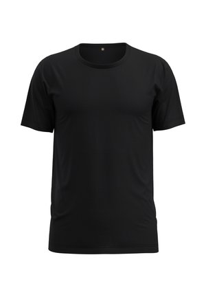 Zwarte T-shirt met korte mouwen, gemaakt van zacht, lichtgewicht materiaal; heeft een ronde hals en een relaxed fit; geen zichtbare patronen of accenten.