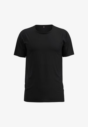 Zwarte T-shirt met korte mouwen, gemaakt van zacht, lichtgewicht materiaal; heeft een ronde hals en een relaxed fit; geen zichtbare patronen of accenten.