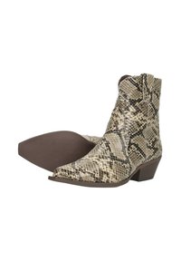 Soepele slangenhuid enkellaarsjes met een spitse neus en een lage, gestapelde hak. Kenmerken zijn een getextureerd oppervlak in tinten beige en bruin.