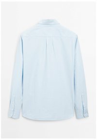 Light blue long-sleeve shirt with subtle vertical stripes, buttoned cuffs, and a pleat below the back yoke.