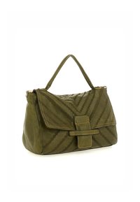 Borsa in pelle verde con un motivo geometrico, forma strutturata, pattina frontale con chiusura magnetica e manico superiore per il trasporto.