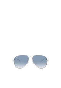 Occhiali da sole aviator in metallo con lenti blu sfumate, montatura sottile in argento e naselli regolabili. Presentano il logo iconico nell'angolo superiore sinistro della lente.