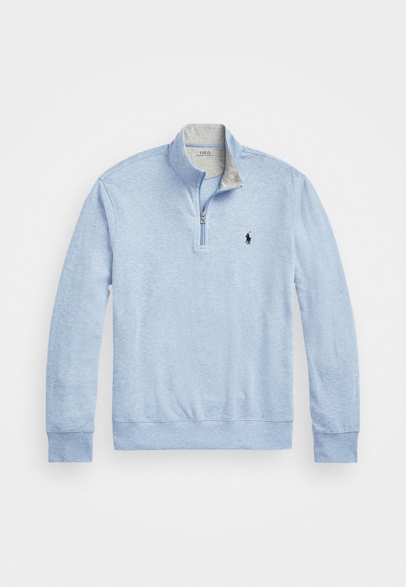 Sweat-shirt bleu clair à manches longues avec fermeture éclair quart, col montant et petit logo foncé sur la poitrine gauche.