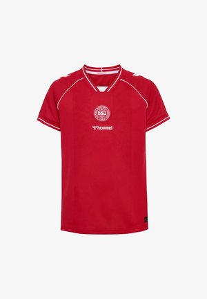 Red short-sleeve sports jersey with white piping, Denmark football association logo, and white Hummel brand logo on front.
