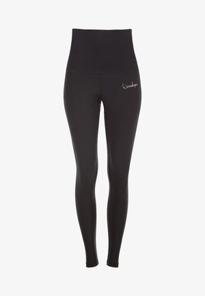 Černé legíny s vysokým pasem vyrobené z elastického materiálu s hladkou Texturou, na boku s malým logem.