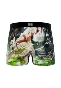 Un caleçon de boxeur avec un imprimé animé coloré et des accents verts, représentant un personnage en action. Fabriqué à partir d'un matériau extensible et lisse.