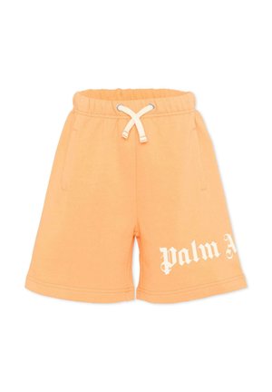 Jasnopomarańczowe, casualowe szorty z elastycznym pasem, białym sznurkiem, bocznymi kieszeniami oraz częściowym białym gotyckim napisem na nogawce.