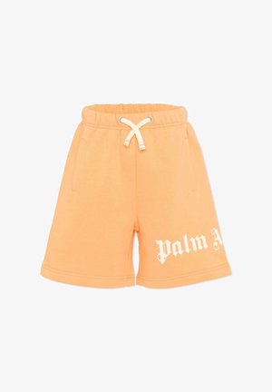 Lichtoranje casual shorts met elastische tailleband, witte verstelkoord, zijzakken en gedeeltelijke witte gotische tekst op het been.
