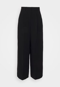 High-waisted black wide-leg trousers with belt loops and front pleats on a plain white background.